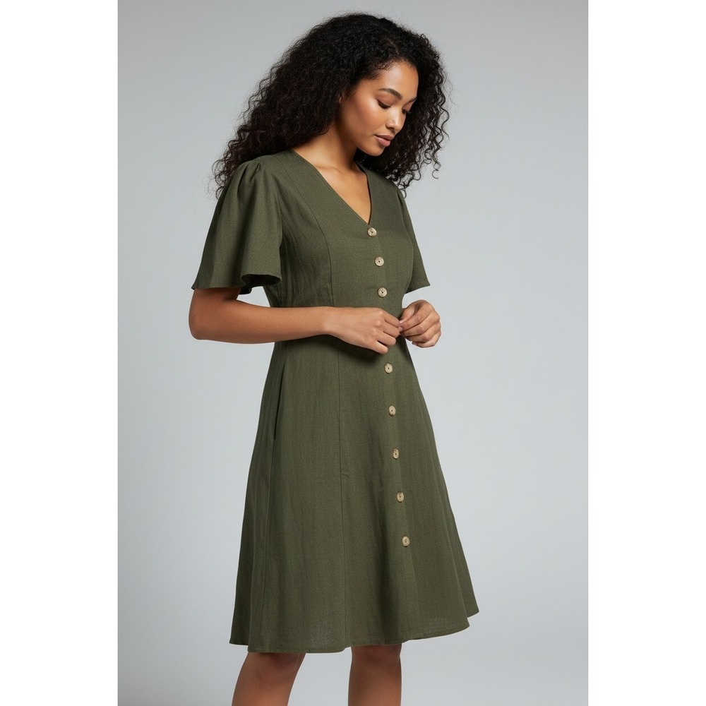 Time and Tru Womens Button Front Mini Dress Size M Green Short Sleeve Pockets
